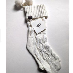 UGG Christmas Stocking Ivory Cable Knit Faux Fur Pom Pom Holiday Decor 12” x 21"